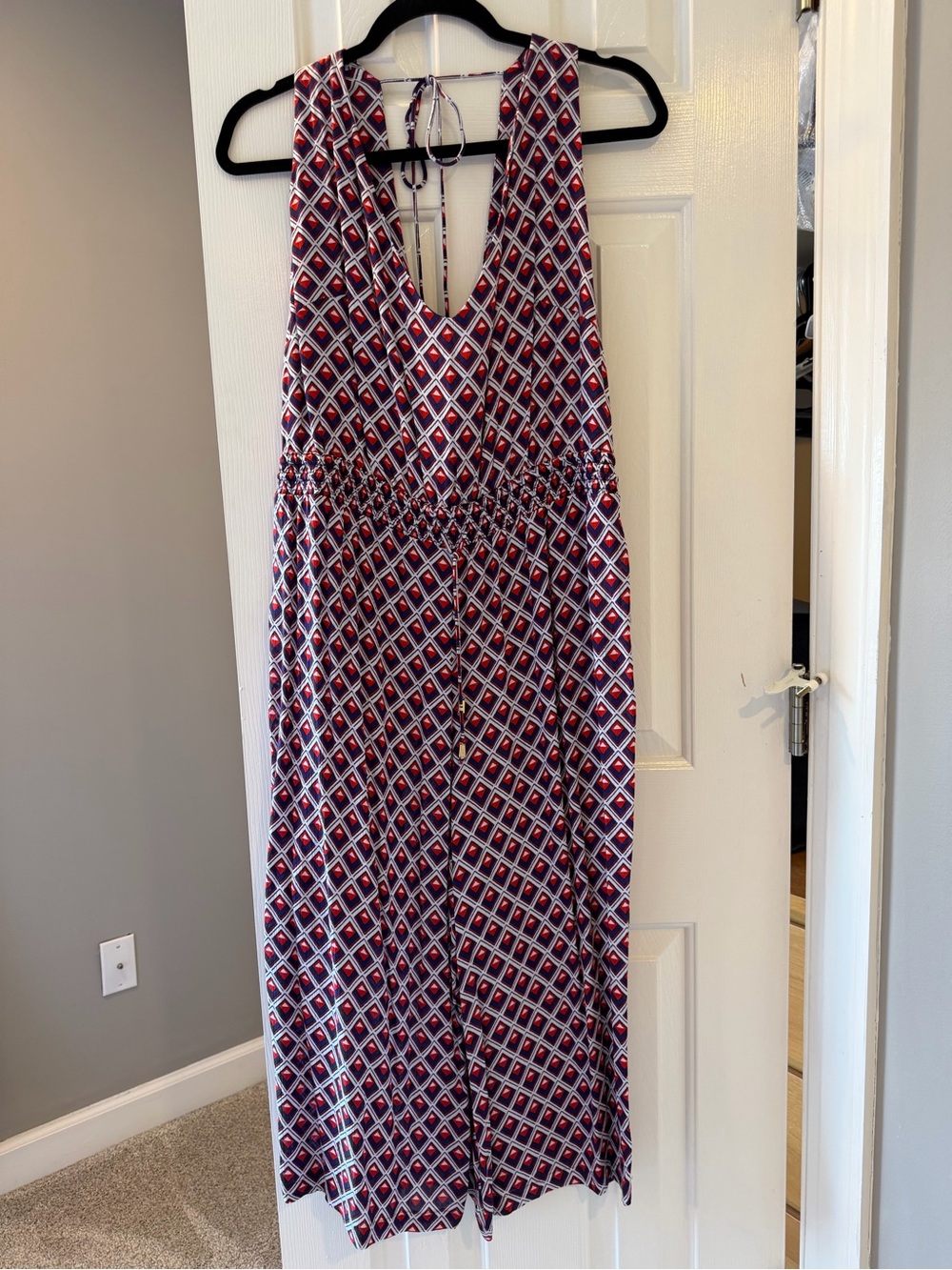 Next Beachwear Sleeveless cropped Geometric Print jumpsuit  - Red/Navy